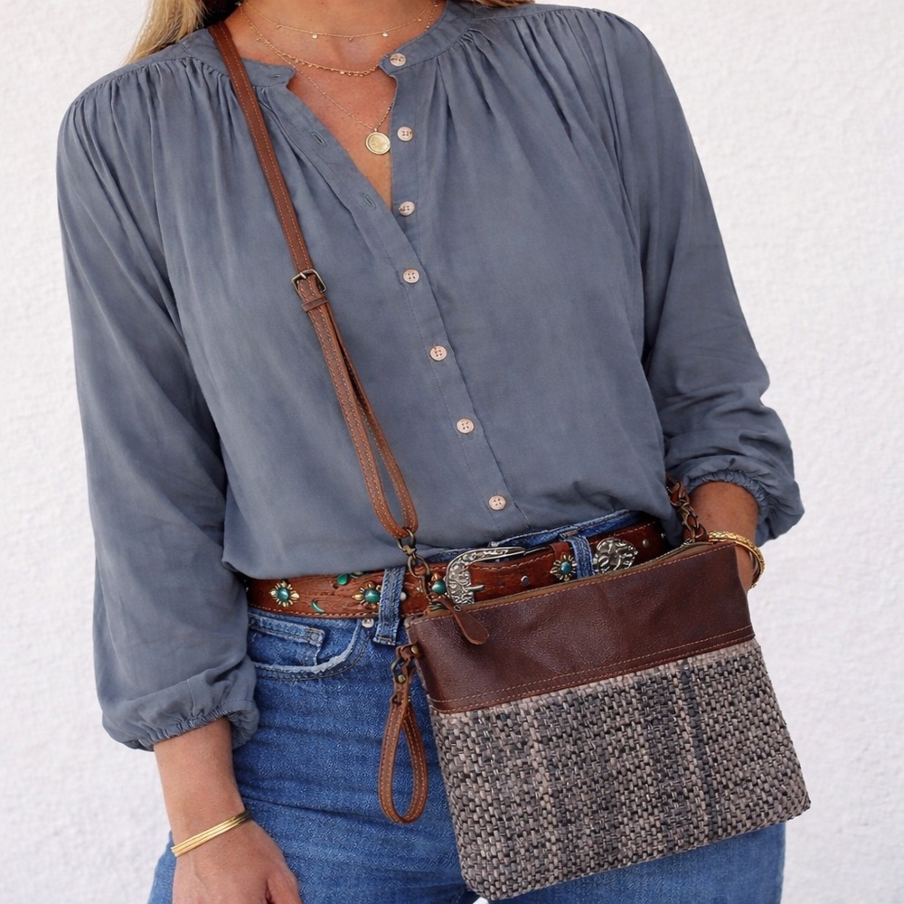 Myra Bag Brown Leather and Gray Tweed Convertible Crossbody Wristlet Bag